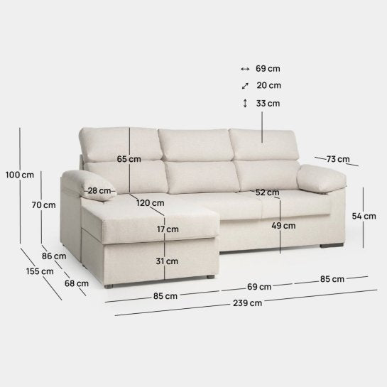 Karlmar - Sofá chaise longue reversível de 3 lugares