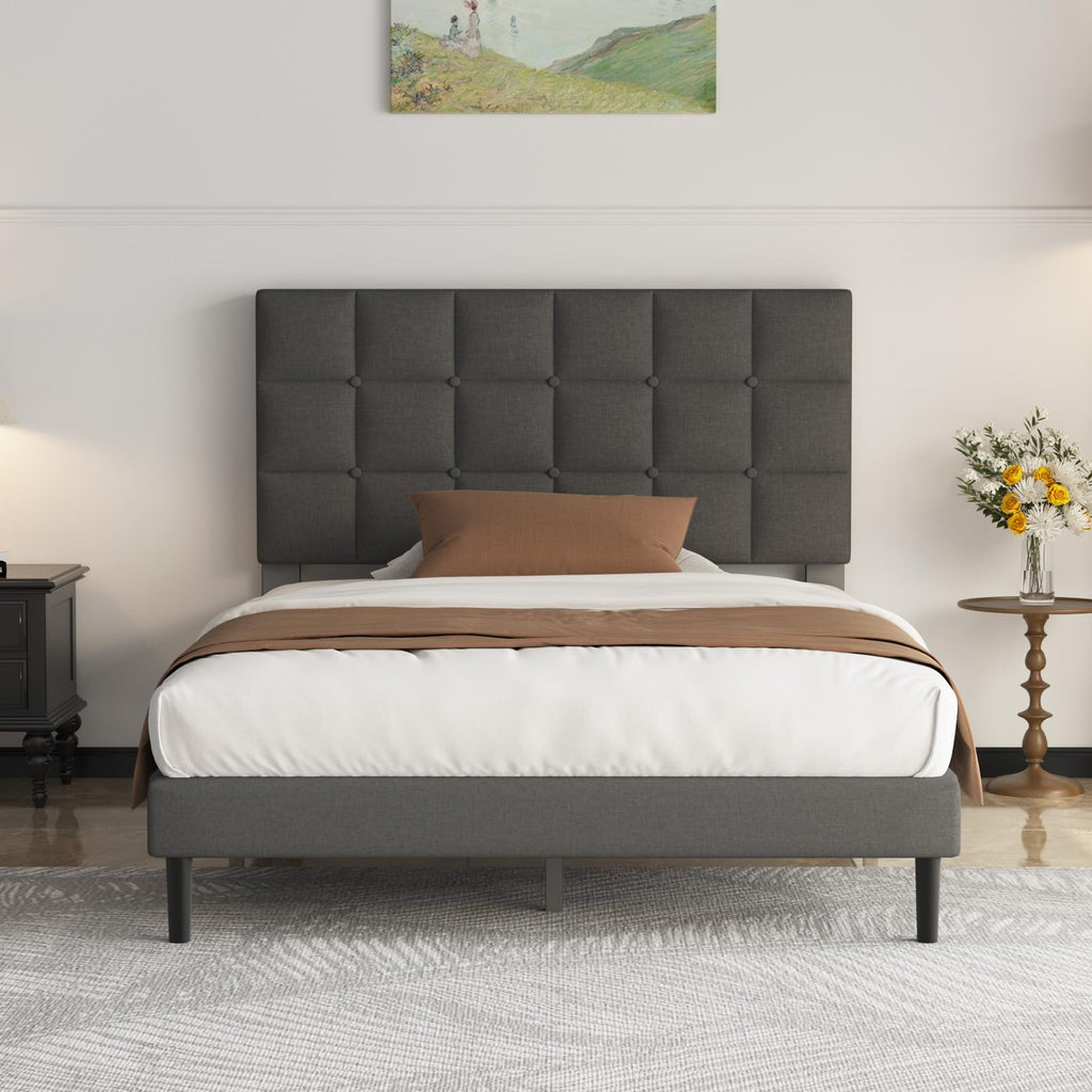 Yocreat Upholstered Bed 160 x 200 cm Double Bed Frame with Headboard and Slatted Base Height 30 cm White