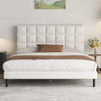 Yocreat Upholstered Bed 160 x 200 cm Double Bed Frame with Headboard and Slatted Base Height 30 cm White