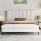 Yocreat Upholstered Bed 160 x 200 cm Double Bed Frame with Headboard and Slatted Base Height 30 cm White