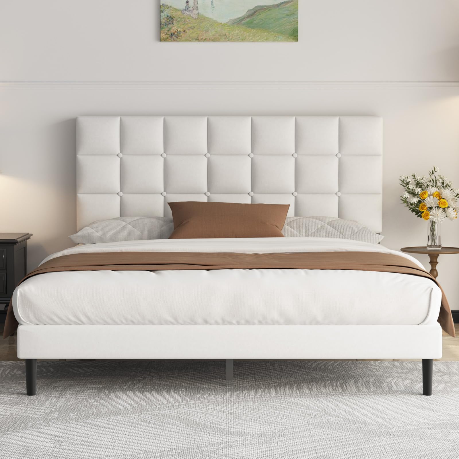Yocreat Upholstered Bed 160 x 200 cm Double Bed Frame with Headboard and Slatted Base Height 30 cm White