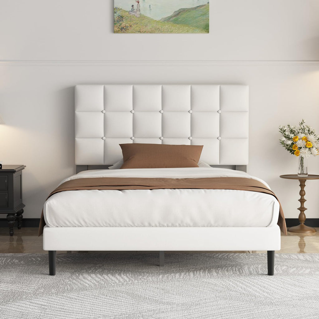 Yocreat Upholstered Bed 160 x 200 cm Double Bed Frame with Headboard and Slatted Base Height 30 cm White