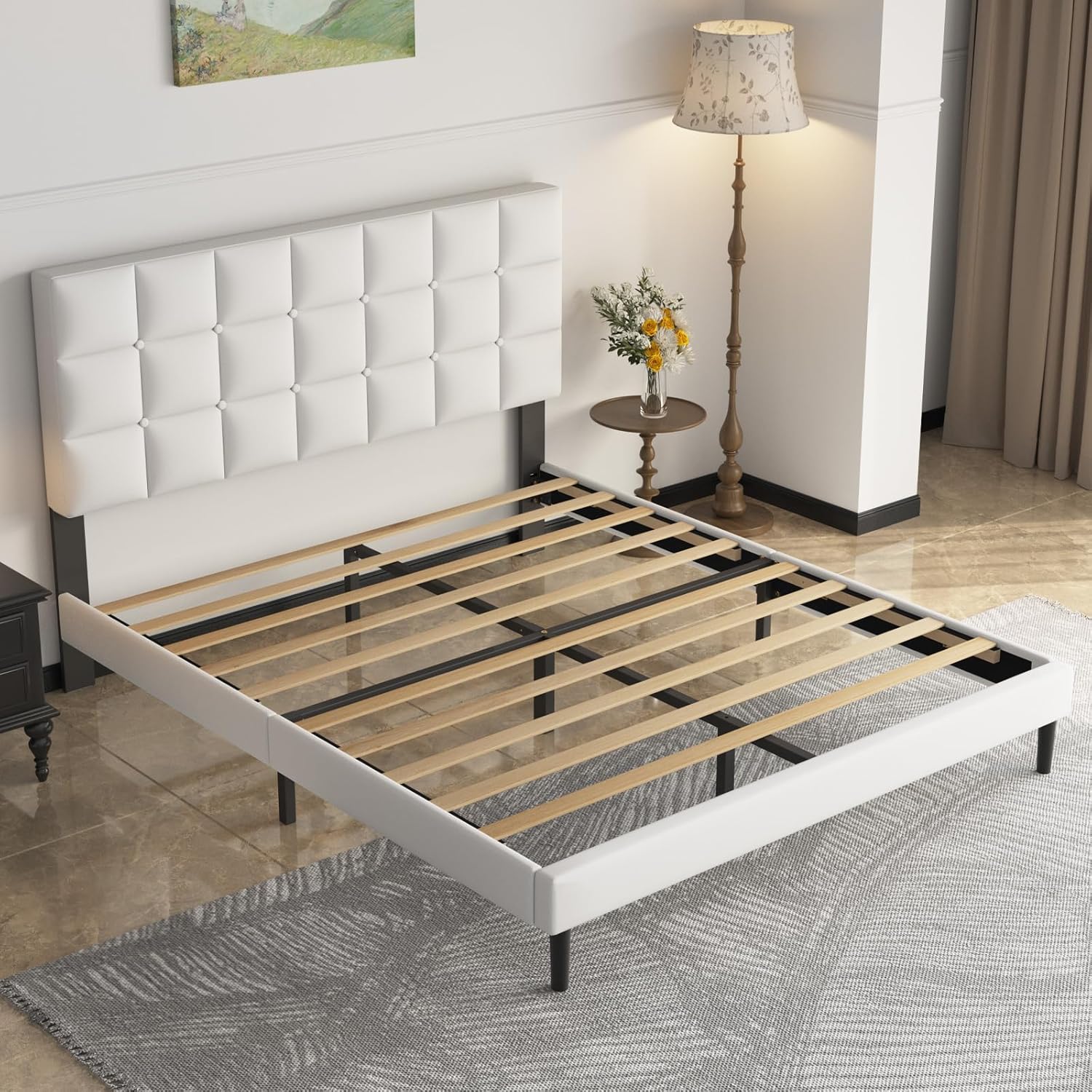 Yocreat Upholstered Bed 160 x 200 cm Double Bed Frame with Headboard and Slatted Base Height 30 cm White